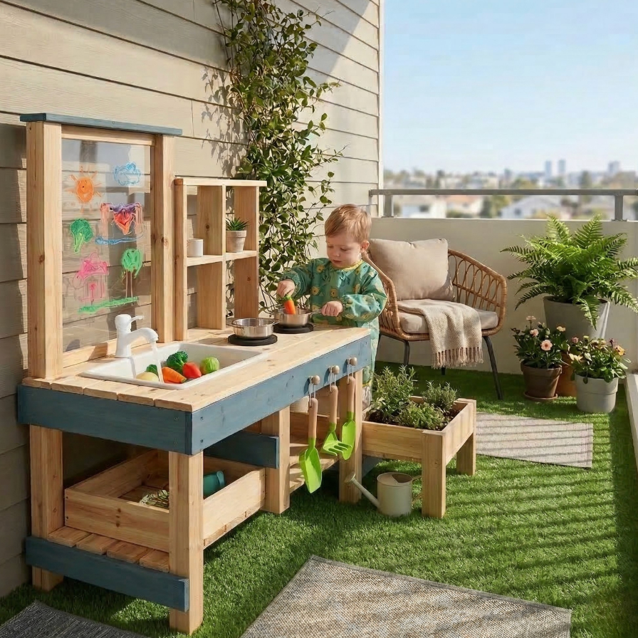 Kids playing in a small backyard outdoor play space with wooden toys from Luckids