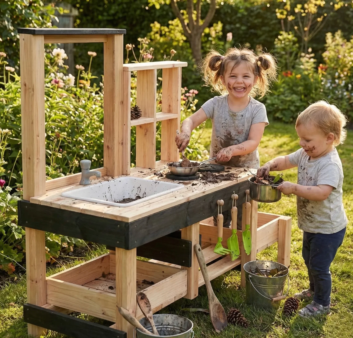 Child playing at a Luckids wooden mud kitchen outdoors