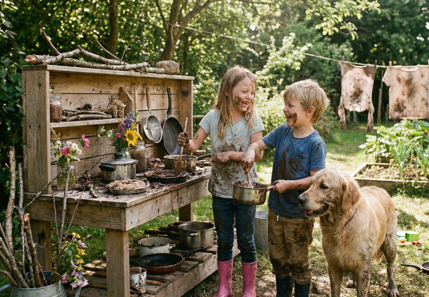 Child playing at a wooden mud kitchen, stirring a pot of leaves and water in an outdoor garden setting