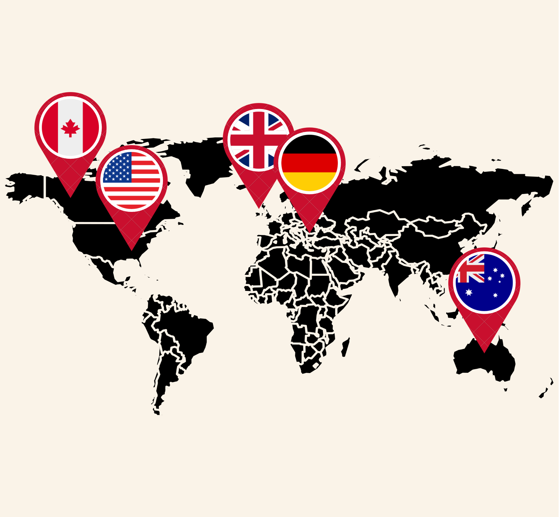 World map with flags of different countries (U.S, UK, Germany, Australia, Canada) as markers on a beige background