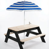 Luckids Picnic Table with Blue Stripe Umbrella - Natural & Black