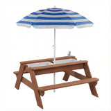Luckids Picnic Table with Blue Stripe Umbrella - Brown