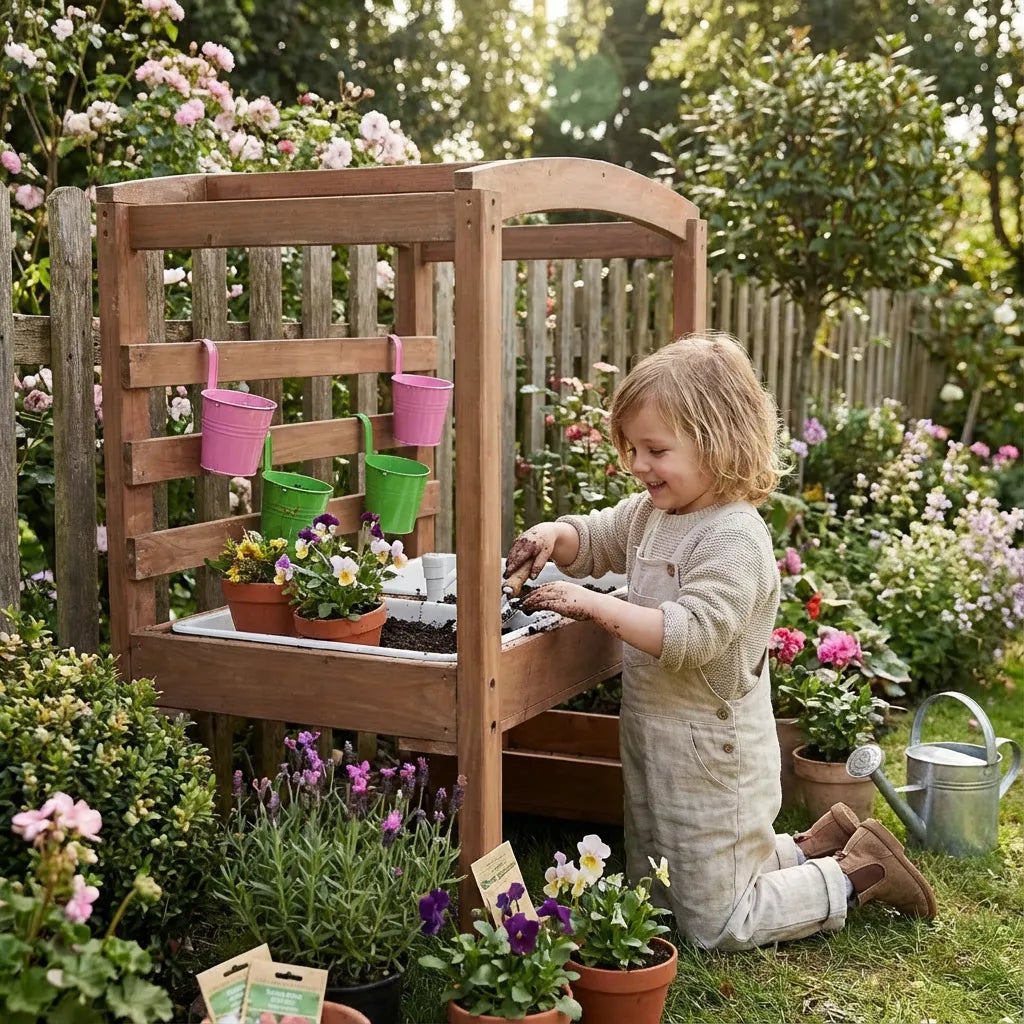 Child playing with gardening tools and plants in a garden setting