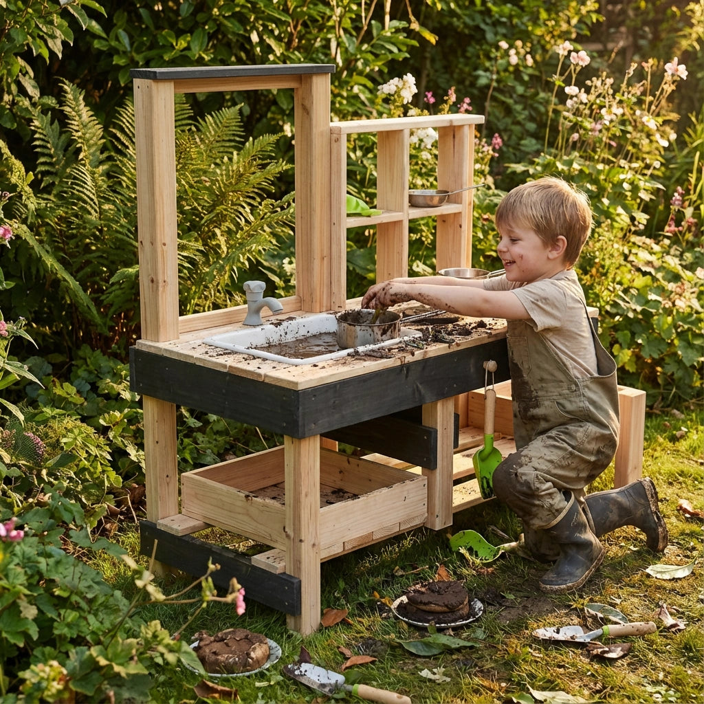 Child playing with a Luckids wooden outdoor play kitchen set in a garden.