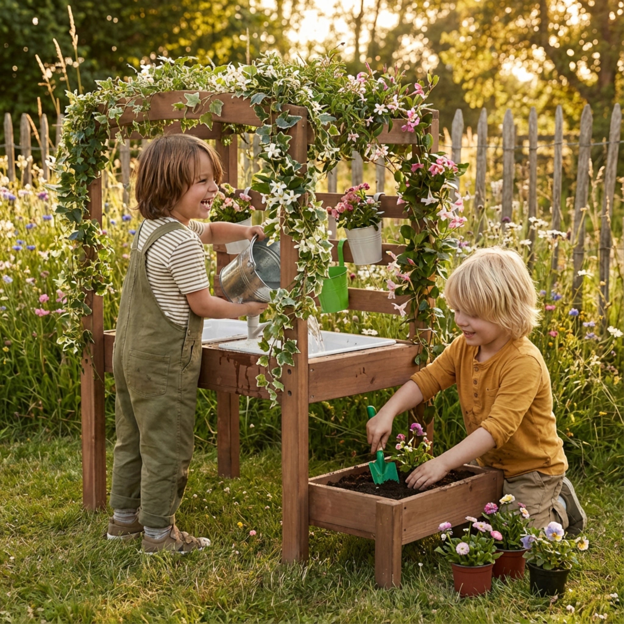 Two children gardening in a field with a Luckids Potting bench and plants.