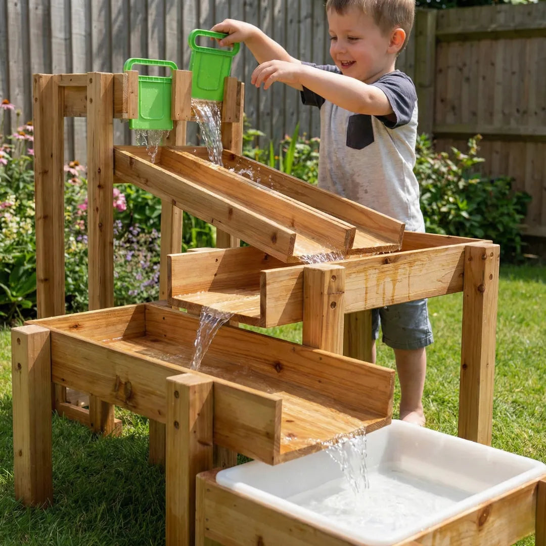 Child playing with a wooden water table in a garden