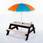 Children's picnic table with a colorful umbrella on a white background