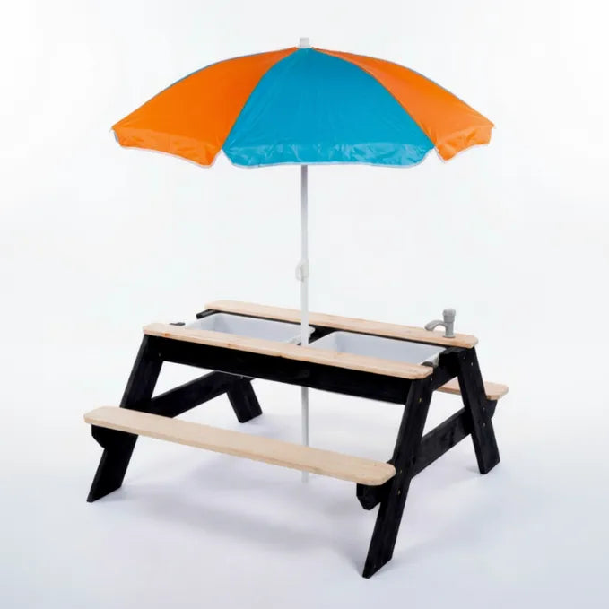Children's picnic table with a colorful umbrella on a white background