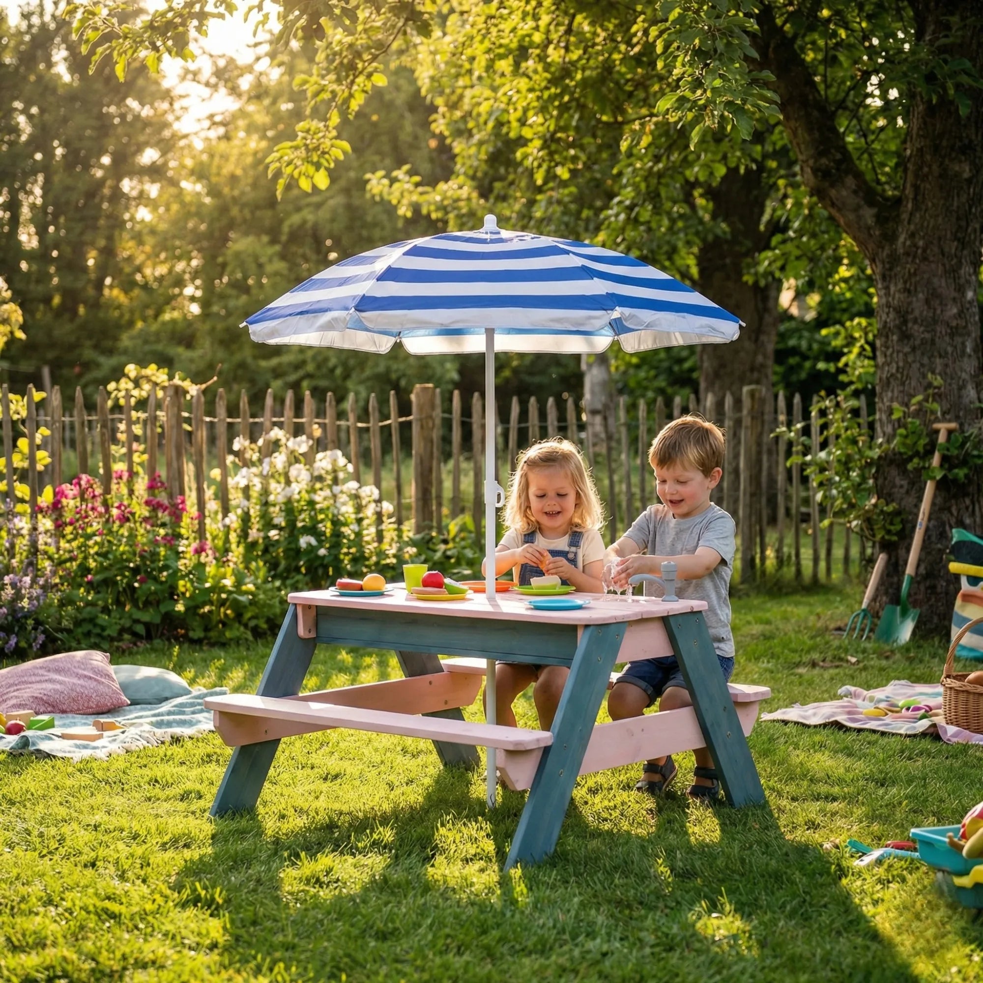 Two children sitting at a colorful picnic table with a striped umbrella in a garden setting.