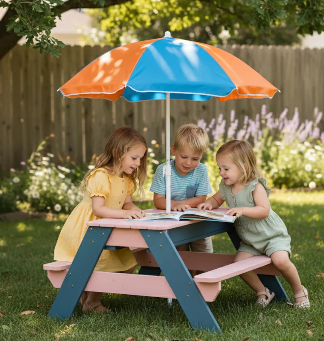 Three children sitting at a colorful picnic table under an umbrella in a garden.