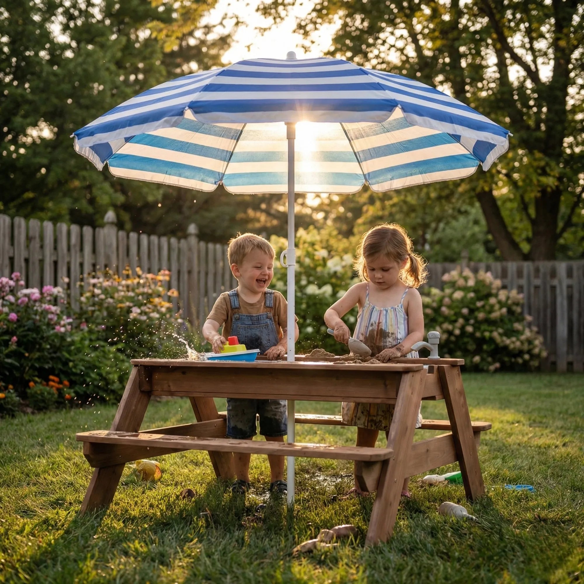 Child playing with a wooden water table in a garden