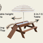 Children's outdoor playset with adjustable height umbrella, 2-in-1 convertible table, working faucet, and sink on a beige background.