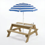 Wooden children's picnic table with a blue and white striped umbrella on a white background