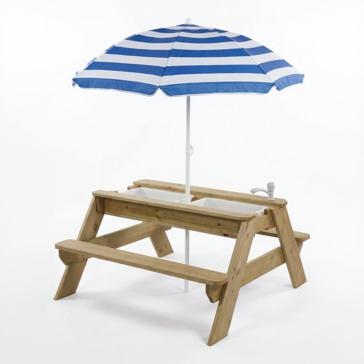 Wooden children's picnic table with a blue and white striped umbrella on a white background
