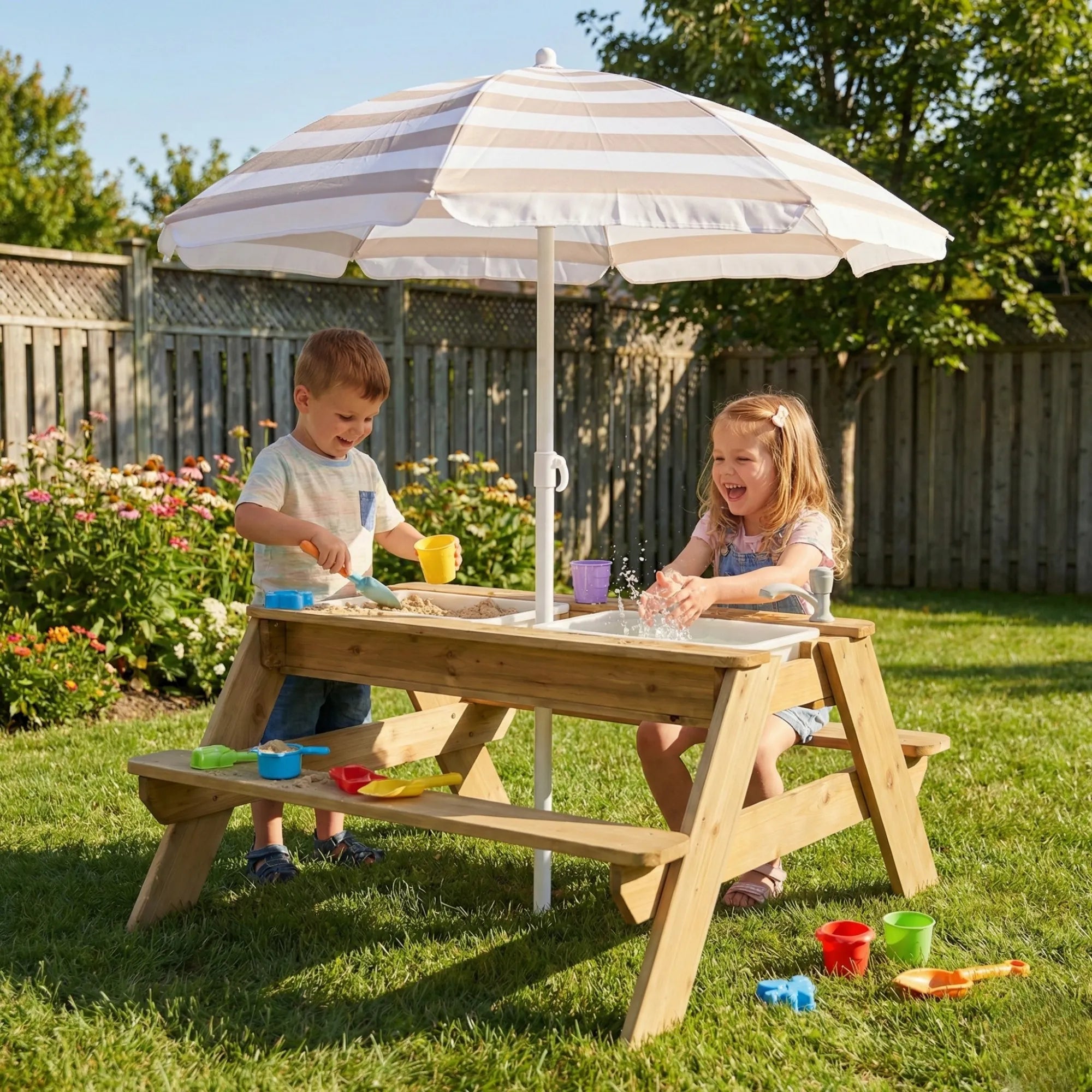 Two children playing at a wooden picnic table with sand toys under a striped umbrella in a garden.