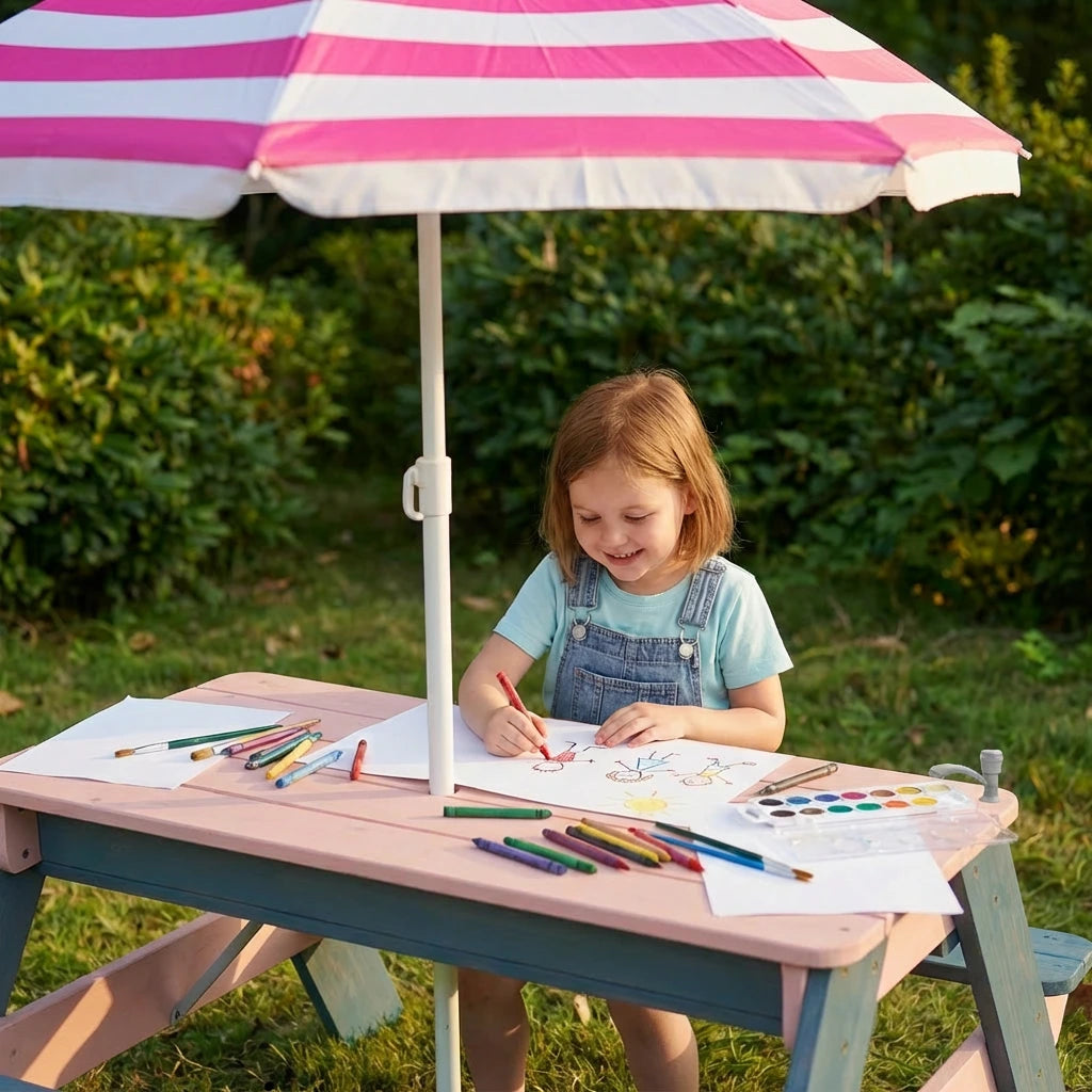 Child drawing at a table under a striped umbrella in an outdoor setting