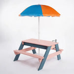 Children's picnic table with a colorful umbrella on a white background