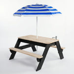 Children's picnic table with blue and white striped umbrella on a white background