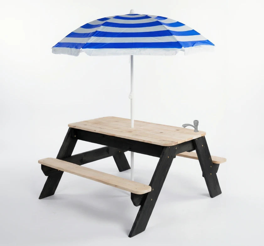 Children's picnic table with blue and white striped umbrella on a white background