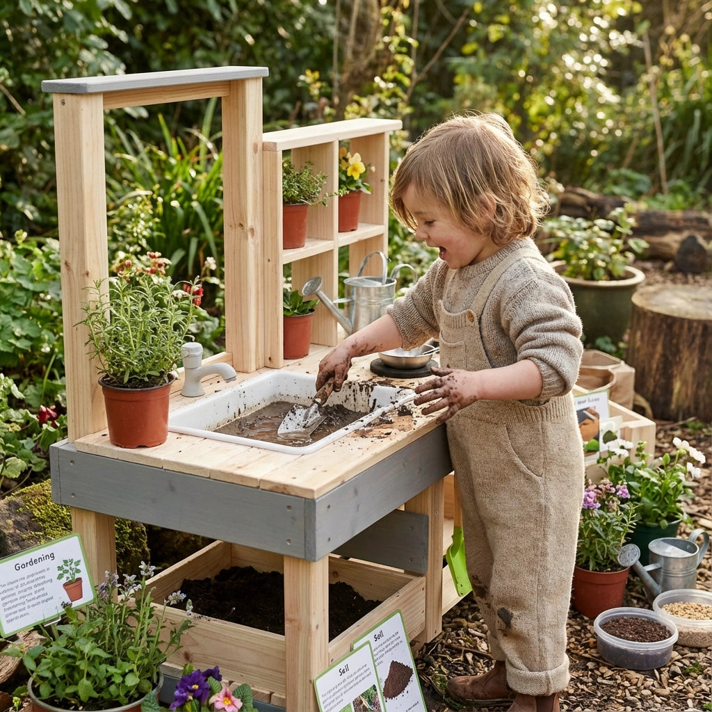 Child playing with a wooden play kitchen set in a garden