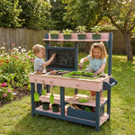 Two children playing with a wooden play kitchen set outdoors.