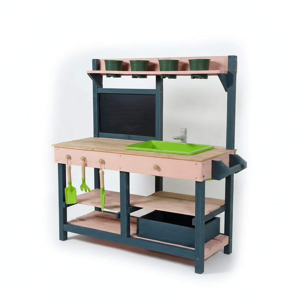 Children's play kitchen set with green sink and shelves on a white background