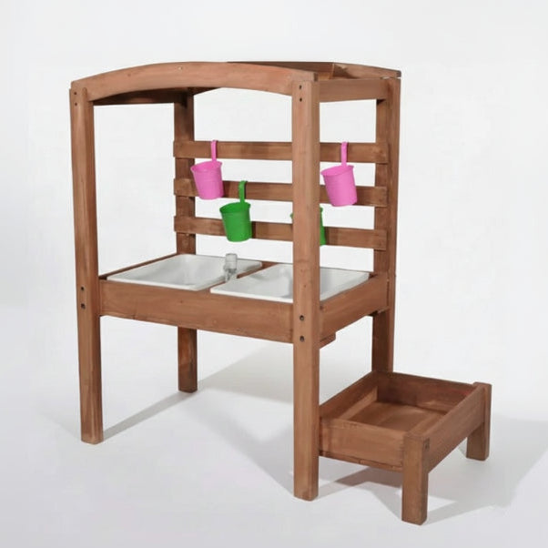 Wooden potting bench brown with cups on a white background