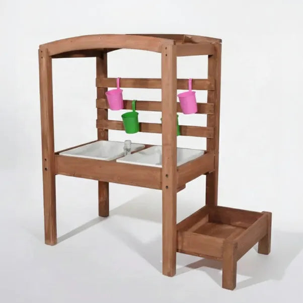 Wooden children's play sink with buckets on a white background