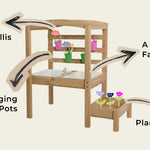 Wooden play kitchen set with labeled features on a beige background