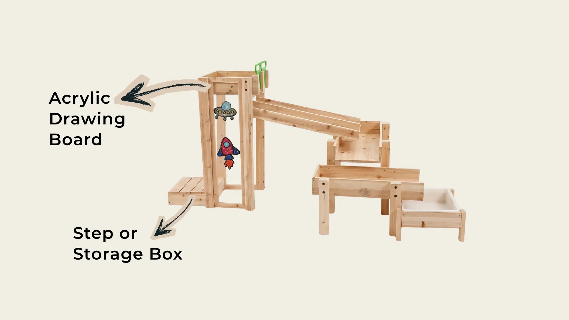 Wooden art easel with acrylic drawing board and step storage box on a beige background