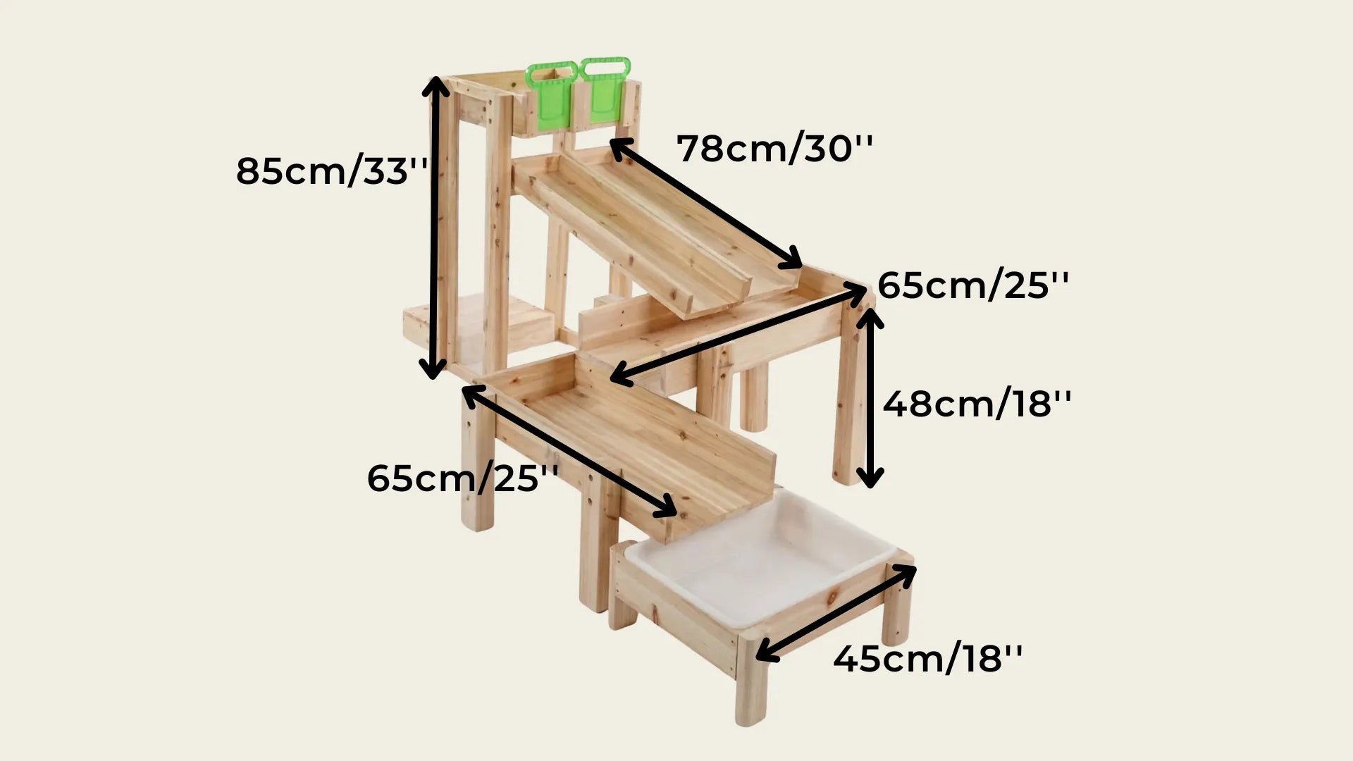 Wooden step stool with measurements labeled on a beige background
