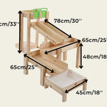 Wooden step stool with measurements labeled on a beige background