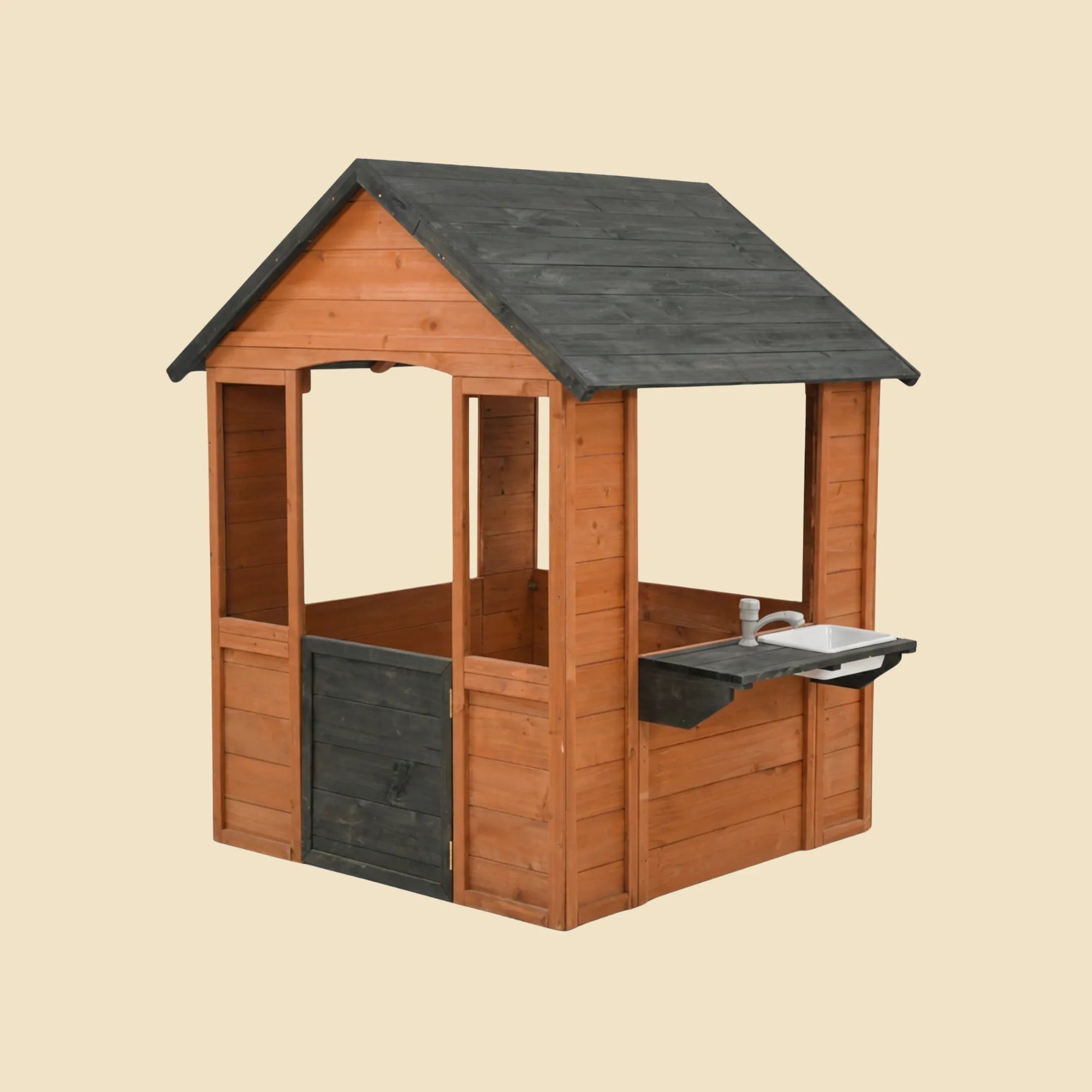 Wooden playhouse with a sink on a beige background