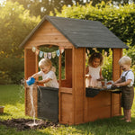 Children playing in a wooden playhouse in a garden