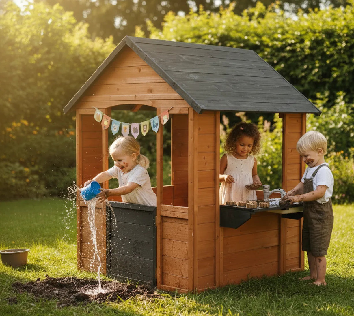 Children playing in a wooden playhouse in a garden