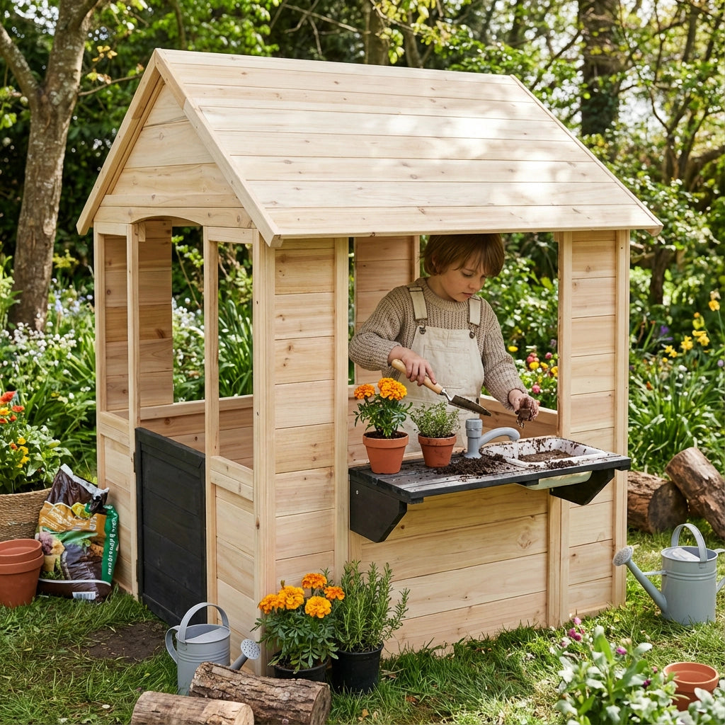 Child playing in a wooden playhouse with gardening tools and plants in a garden setting.