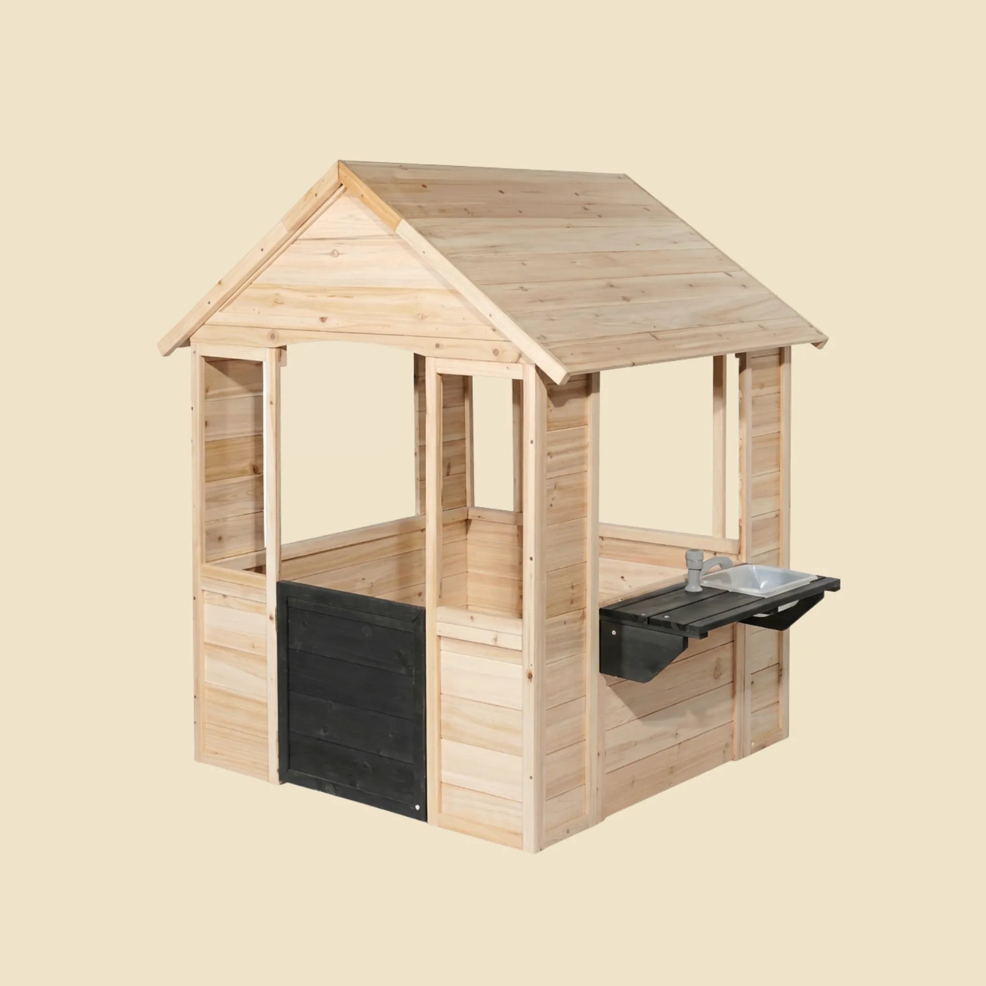 Wooden playhouse with a slide on a beige background