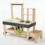 Wooden play kitchen set with sink, shelves, and tools on a white background