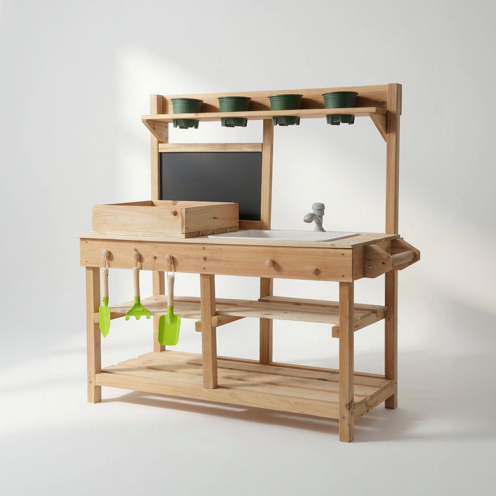 Wooden play kitchen set with sink, shelves, and toy utensils on a white background