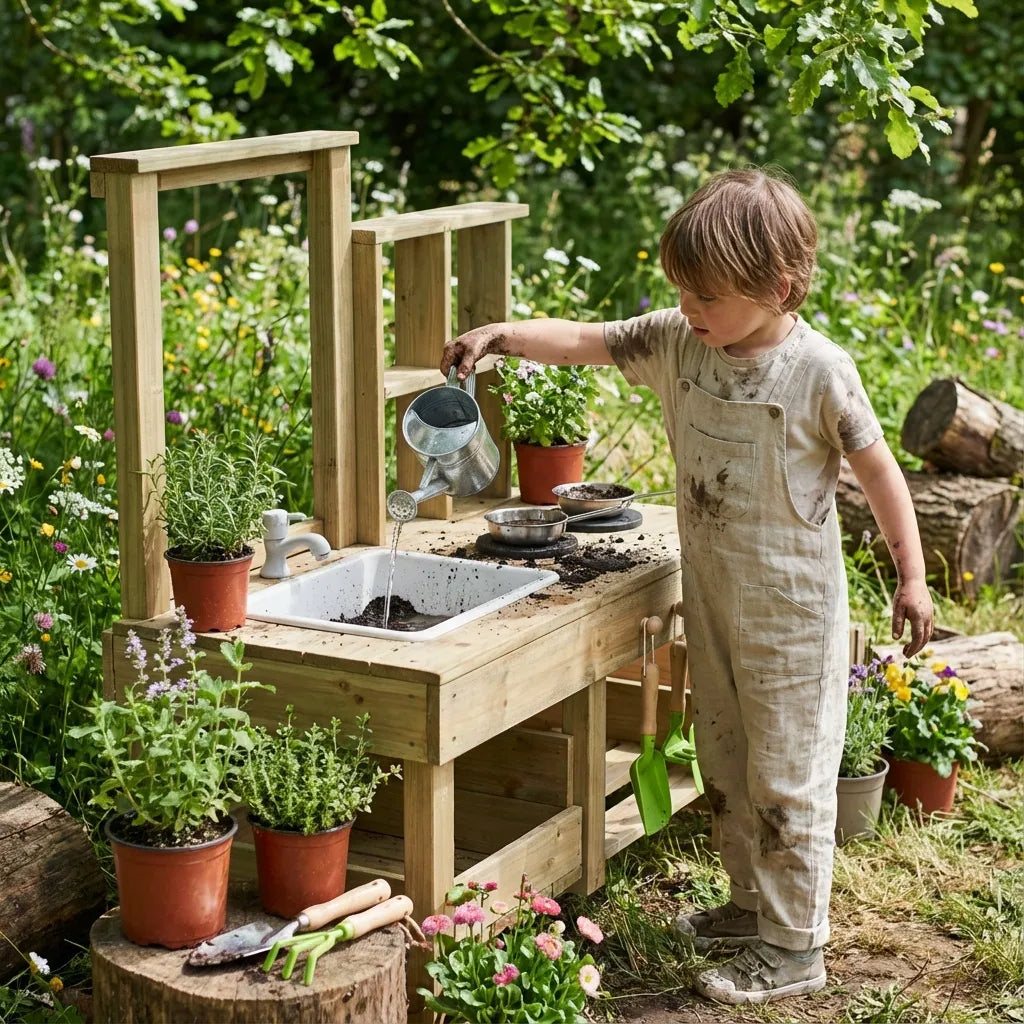 Child playing with a wooden play kitchen set in a garden