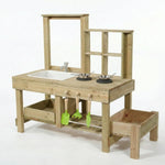 Wooden play kitchen set with sink, shelves, and tools on a white background