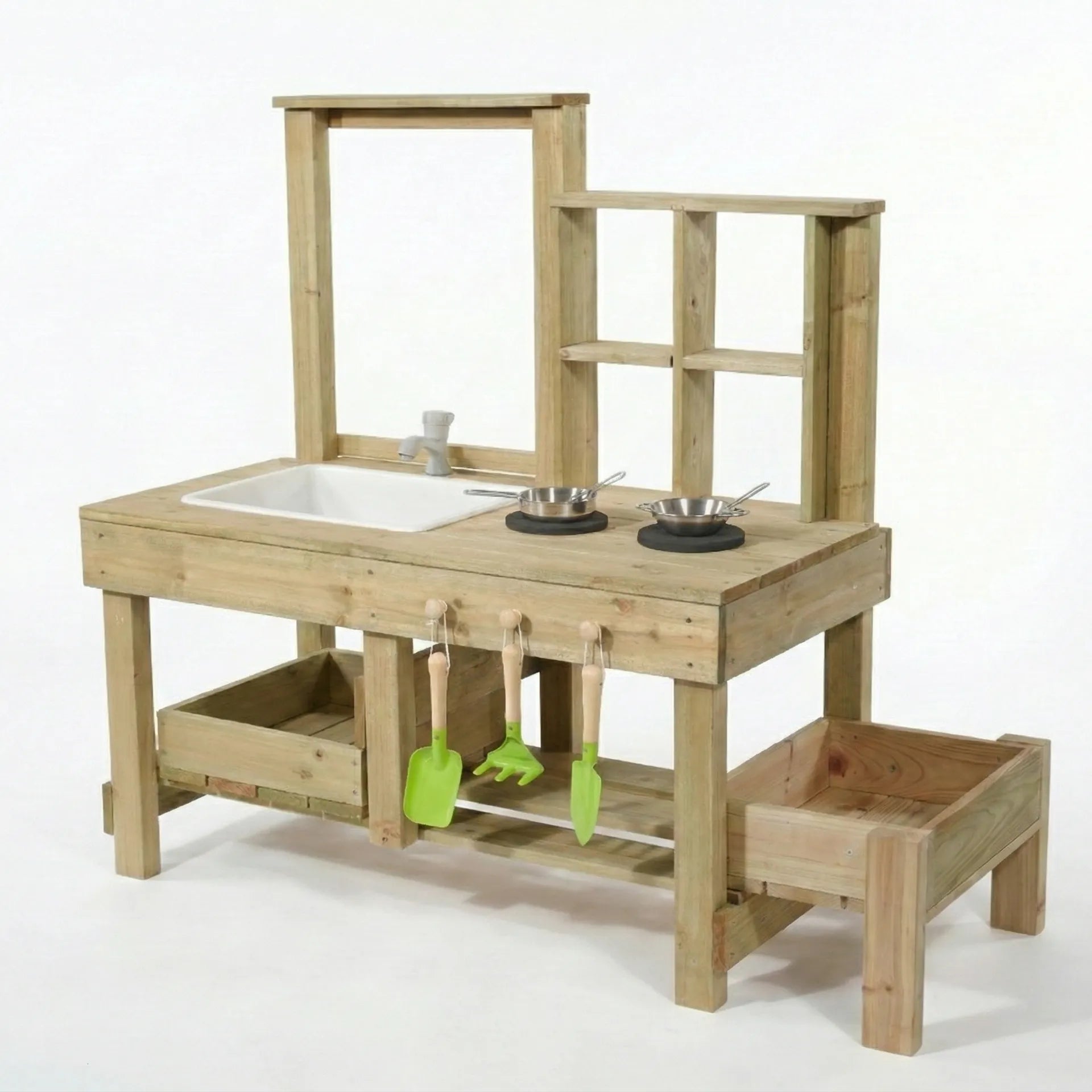 Wooden play kitchen set with sink, shelves, and tools on a white background