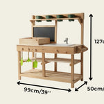 Wooden play kitchen set with dimensions labeled on a beige background