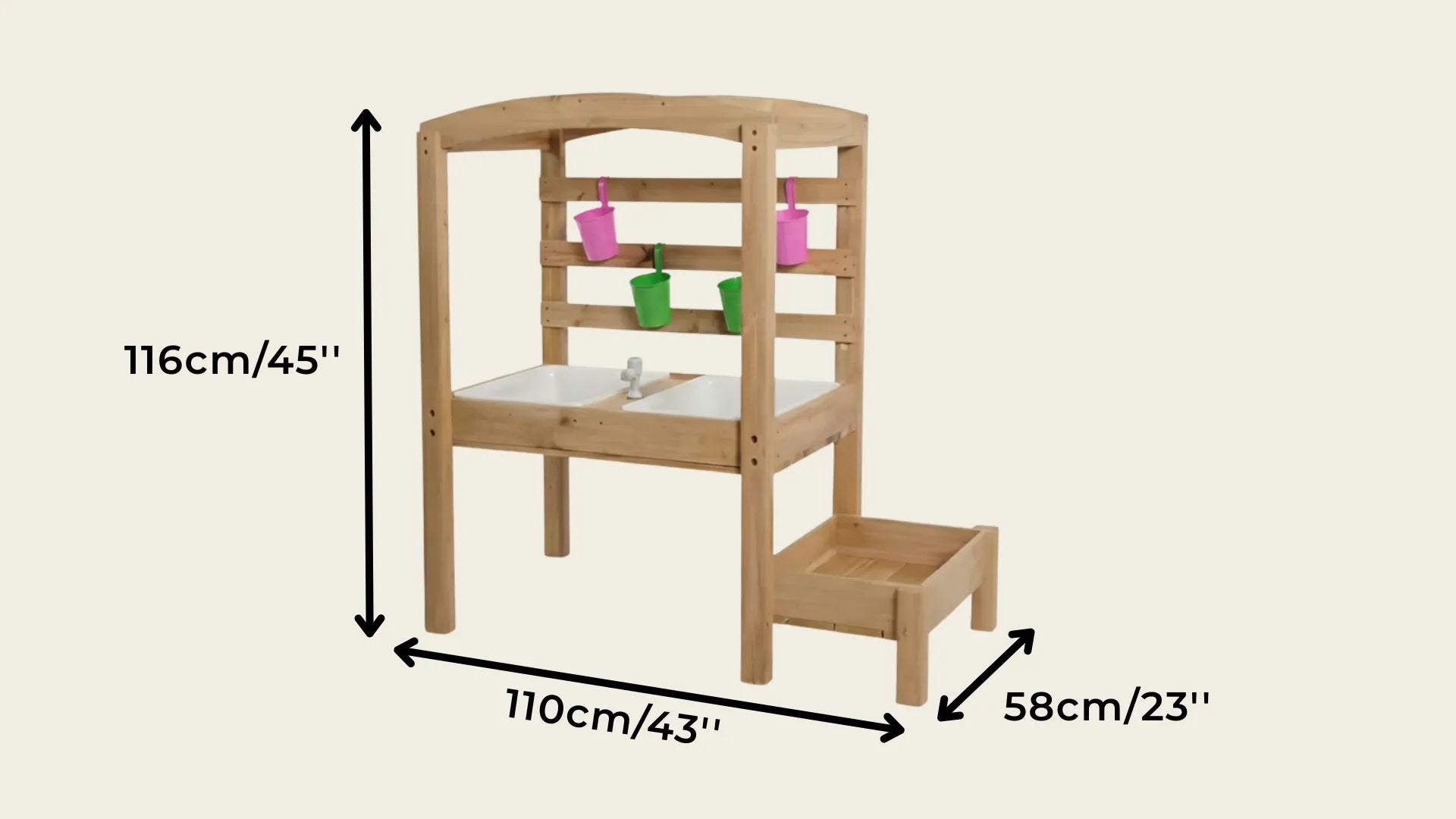 Wooden children's desk with chair, dimensions labeled, on a beige background